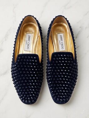 Jimmy Choo Navy Blue Crystal Studded Velvet Loafers  Size 39 Designer Luxury